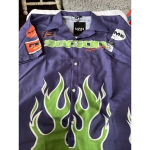 NWT Man Boohoo Season Racing Button Up Shirt Purple Green Flames Size M